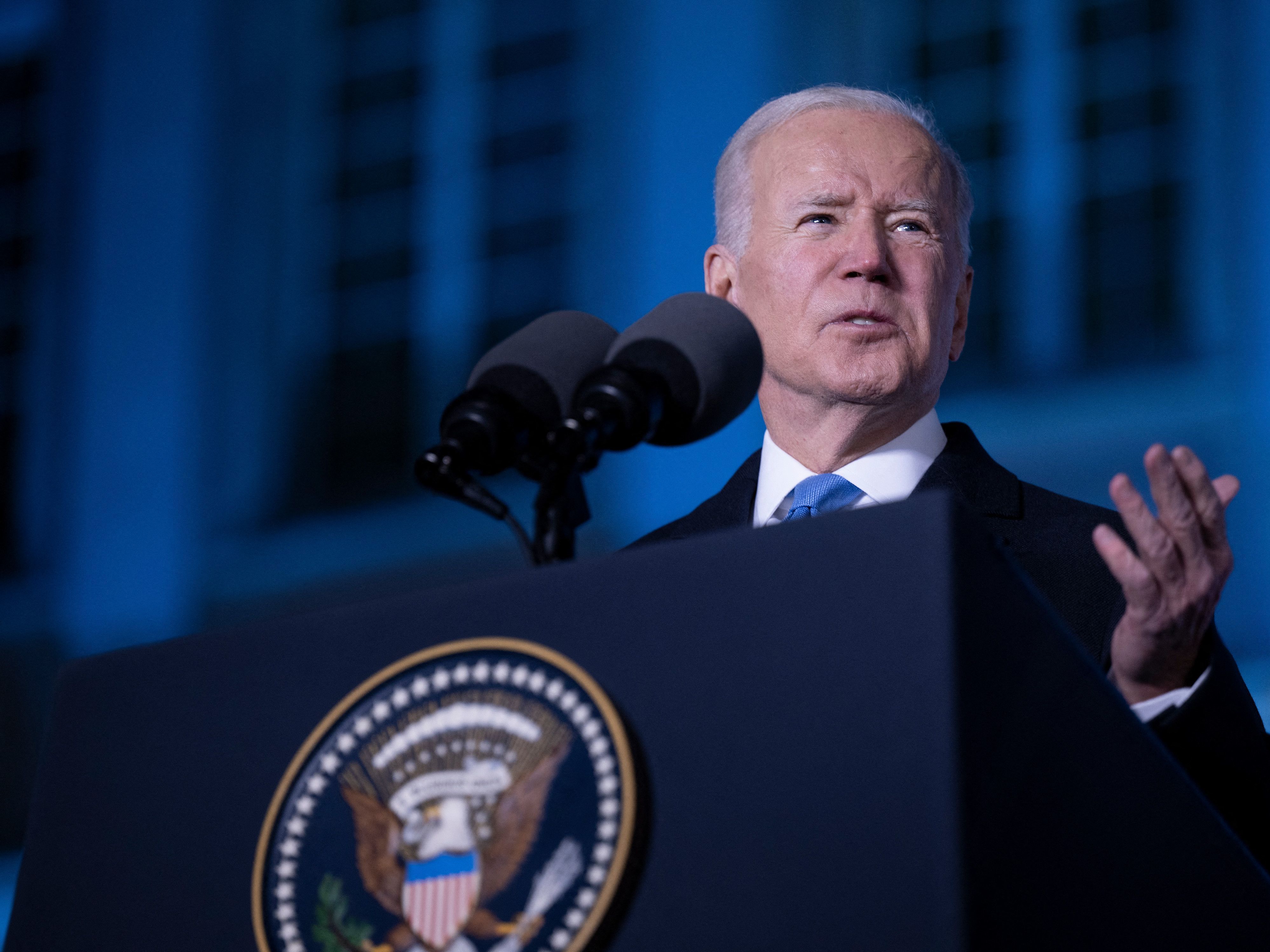 caption: President Biden delivers a speech on Saturday in Warsaw, Poland, about the Russian war in Ukraine.