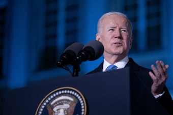 caption: President Biden delivers a speech on Saturday in Warsaw, Poland, about the Russian war in Ukraine.