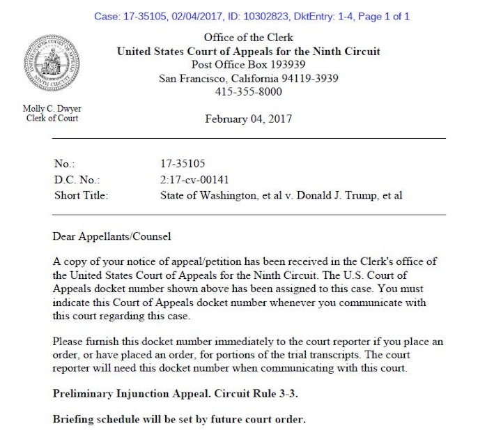 caption: Click to enlarge: Letter from the Department of Justice announcing intent to appeal Judge James Robart's decision to pause Donald Trump's executive order, also known as the 'Muslim ban' or the 'travel ban.'