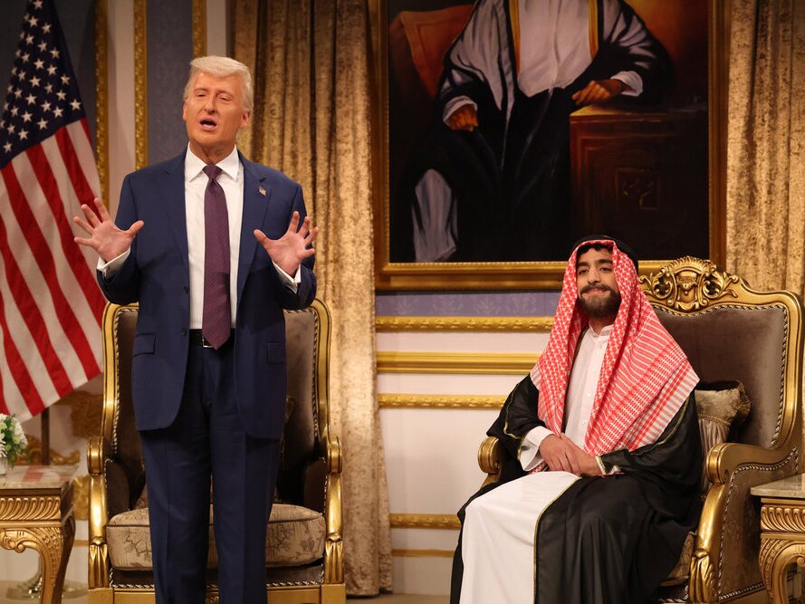 caption: On Saturday Night Live's cold open, James Austin Johnson played President Donald Trump and Emil Wakim played Saudi Crown Prince Mohammed bin Salman in a sketch about Trump's Middle East trip.
