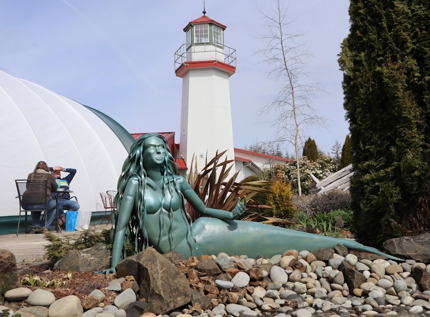 caption: Mermaid sculptures adorn the grounds of the mermaid museum and adjacent Westport Winery.