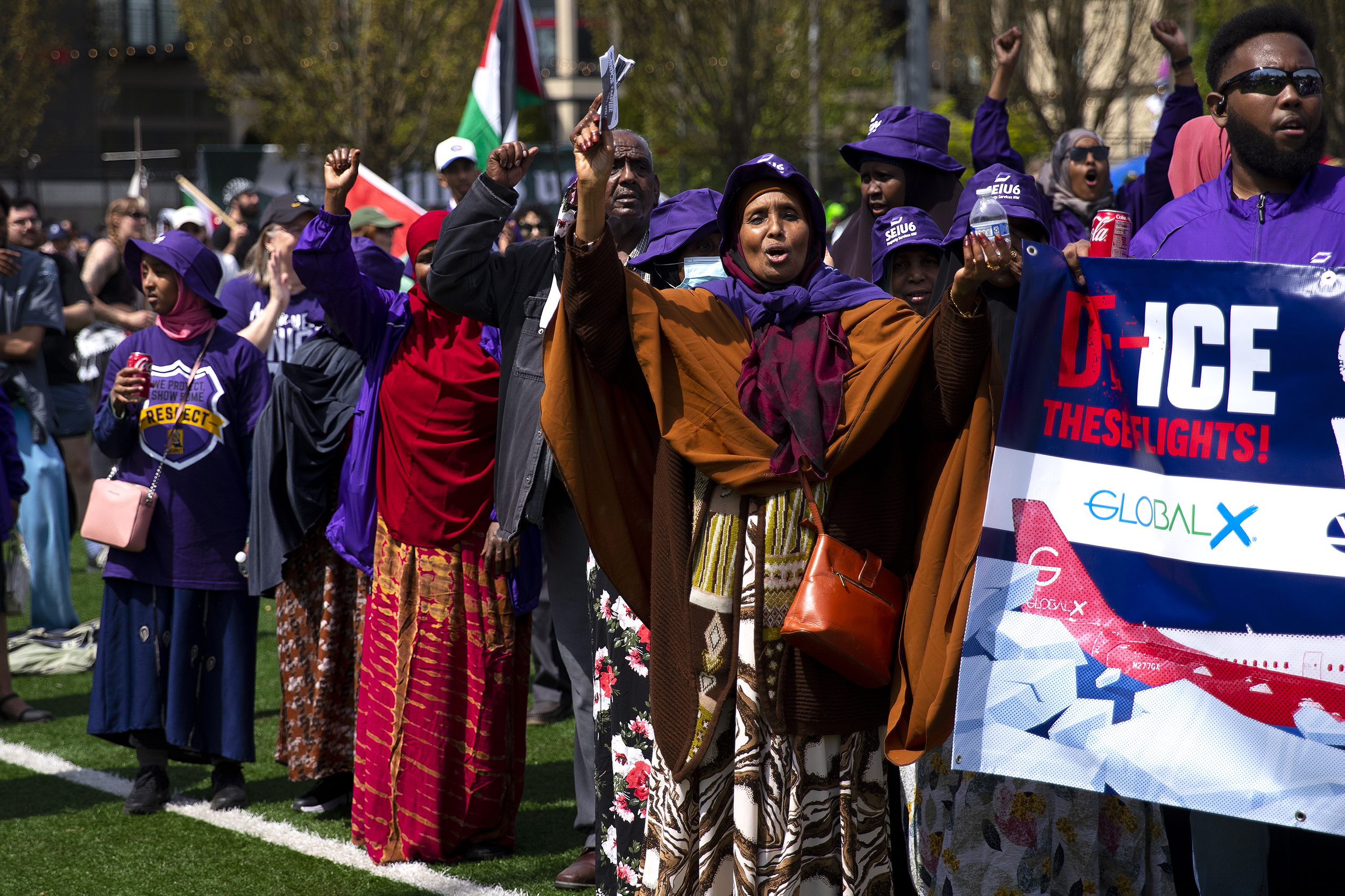 caption: Members of SEIU6 cheer during the annual May Day rally and march on Friday, May 1, 2026, at Cal Anderson Park in Seattle. 