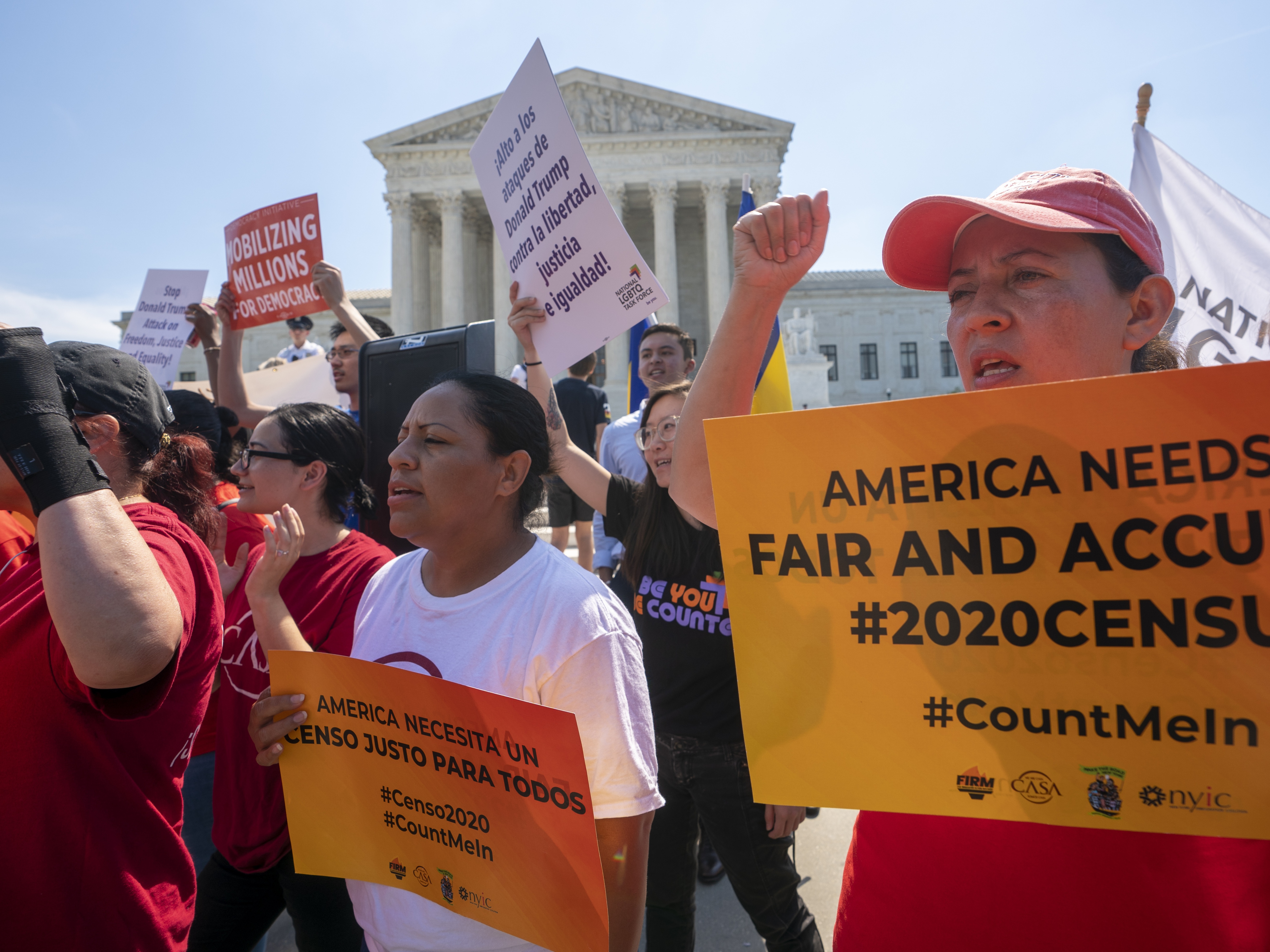caption: Demonstrators against the first Trump administration's push for a census citizenship question gather outside the U.S. Supreme Court in Washington, D.C., in 2019.