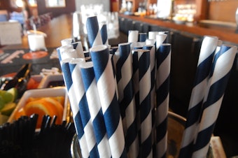 caption: Paper straws at Duke's Seafood & Chowder in Seattle