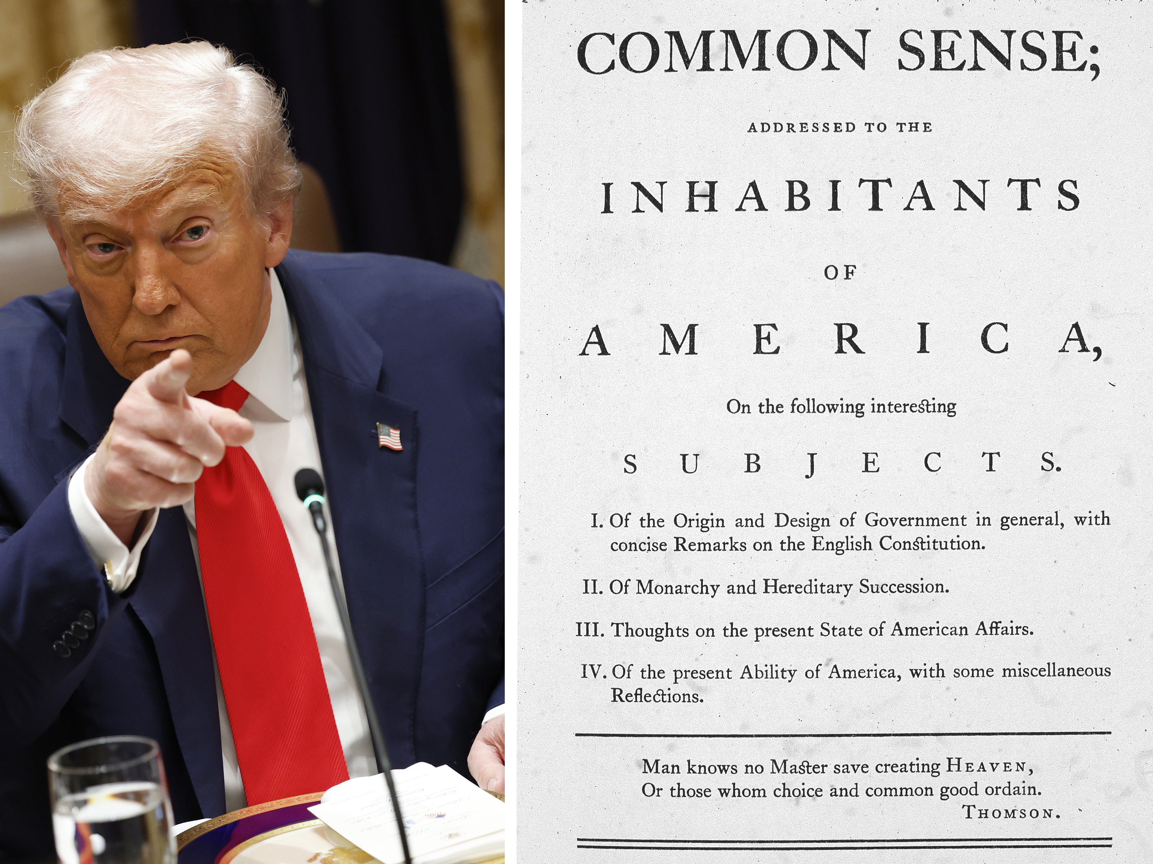 caption: Left: President Trump gestures during a meeting at the White House on Oct. 14. Right: The title page of the 1776 R. Bell edition of "Common Sense," by American author and politician Thomas Paine.