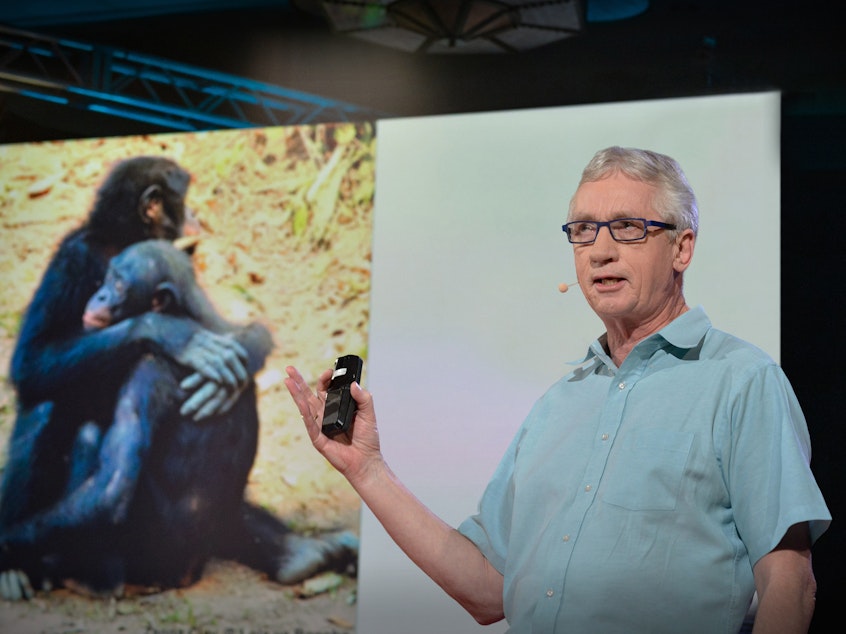 caption: Frans de Waal on the TED stage.