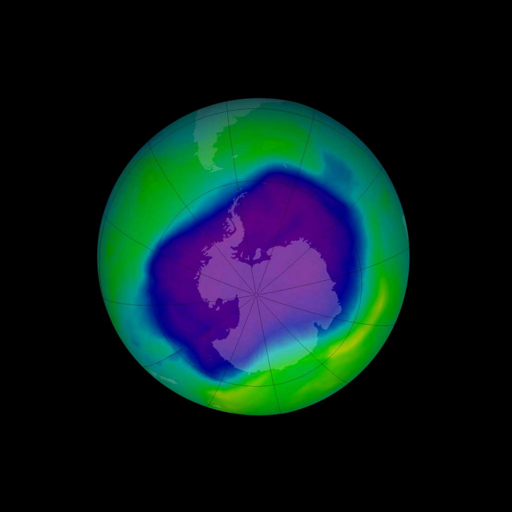 caption: In this image, from September 2006, the Antarctic ozone hole was equal to the record single-day largest area of 11.4 million square miles (29.5 million square kilometres), reached on Sept. 9, 2000. Satellite instruments monitor the ozone layer, and we use their data to create the images that depict the amount of ozone. The blue and purple colours are where there is the least ozone, and the greens, yellows, and reds are where there is more ozone. (Photo by: Universal History Archive/ Universal Images Group v