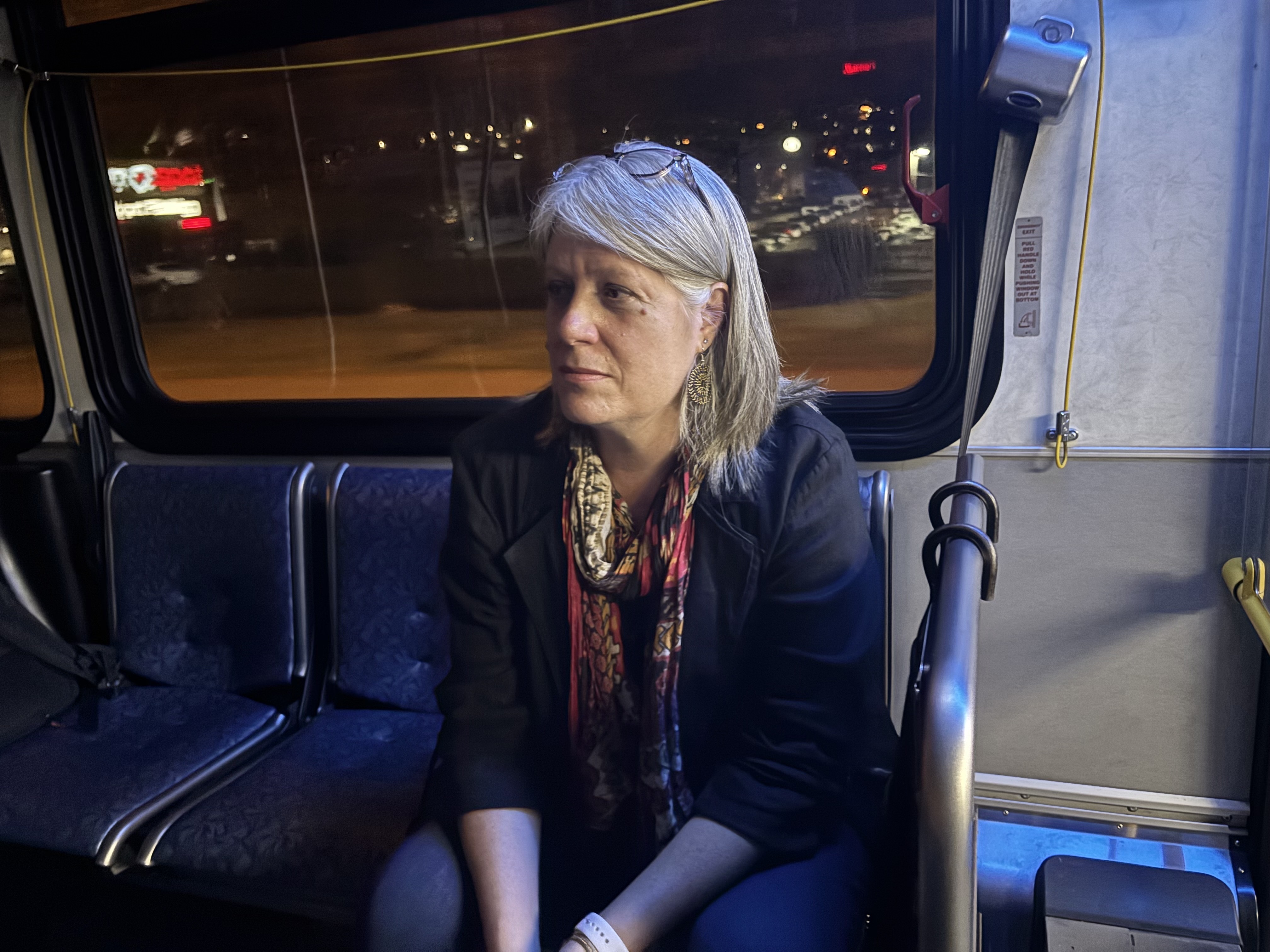 caption: King County Councilmember Claudia Balducci riding the A Line bus through Tukwila in October 2025.