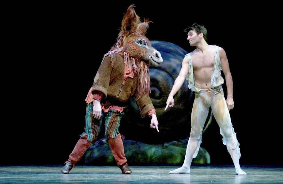 caption: Jonathan Porretta, right, in George Balanchine's 'A Midsummer Night's Dream' at Pacific Northwest Ballet.