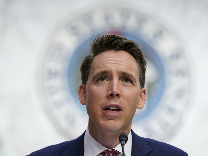 caption: Sen. Josh Hawley, R-Mo., speaks Monday during a confirmation hearing for Supreme Court nominee Amy Coney Barrett.