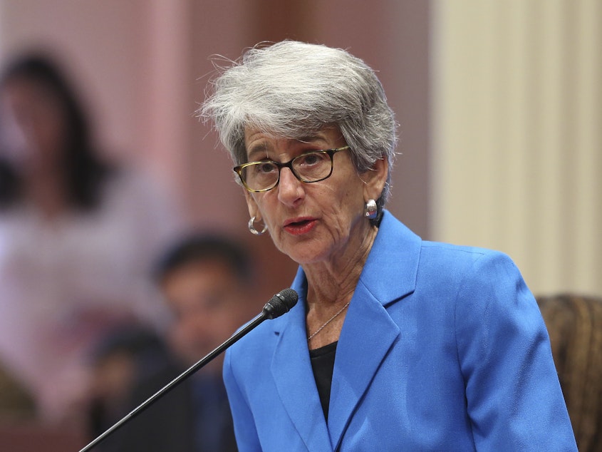 caption: State Sen. Hannah-Beth Jackson addressed the California state Senate in August on a measure requiring at least one female director on corporate boards of publicly traded companies based in the state. On Sunday, Gov. Jerry Brown signed Jackson's bill.