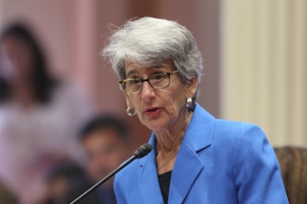 caption: State Sen. Hannah-Beth Jackson addressed the California state Senate in August on a measure requiring at least one female director on corporate boards of publicly traded companies based in the state. On Sunday, Gov. Jerry Brown signed Jackson's bill.