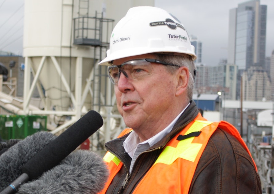 caption: Chris Dixon of Seattle Tunnel Partners speaks about Bertha's status.