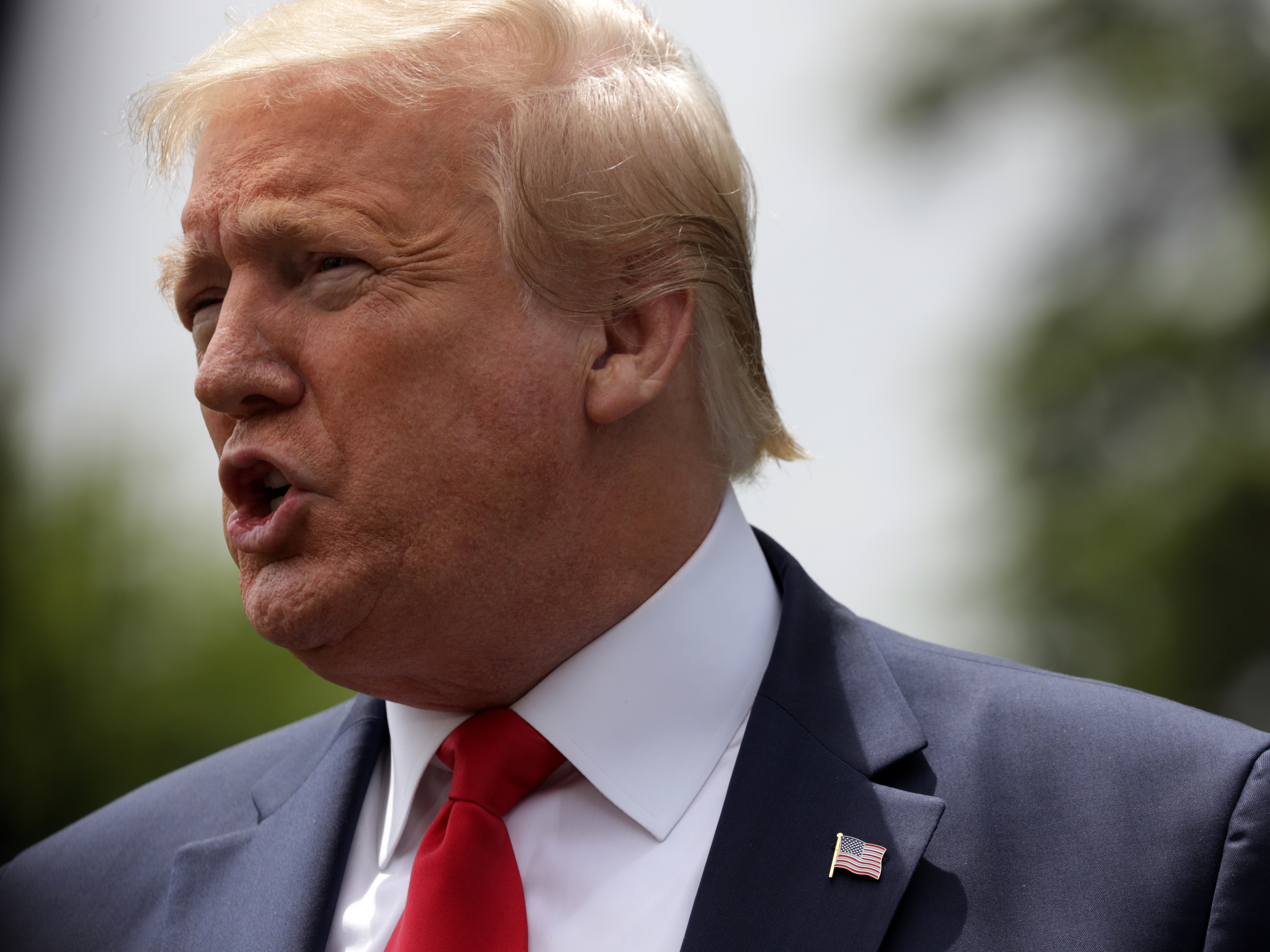 caption: President Trump speaks to the press on the South Lawn of the White House.