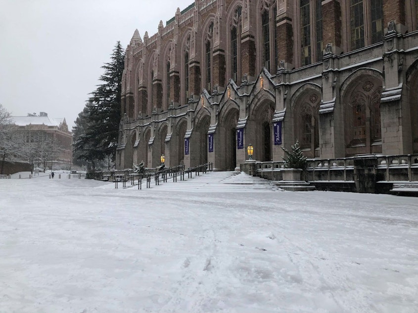 caption: Snow on Red Square at the University of Washington Feb. 4, 2019. 