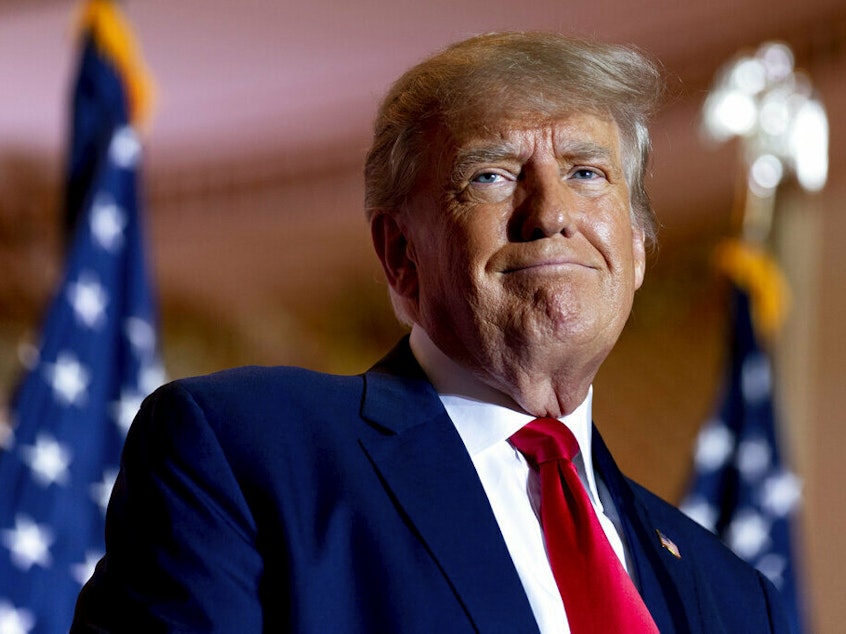 caption: Former President Donald Trump announces he is running for president for the third time while speaking Nov. 15 at Mar-a-Lago in Palm Beach, Fla.