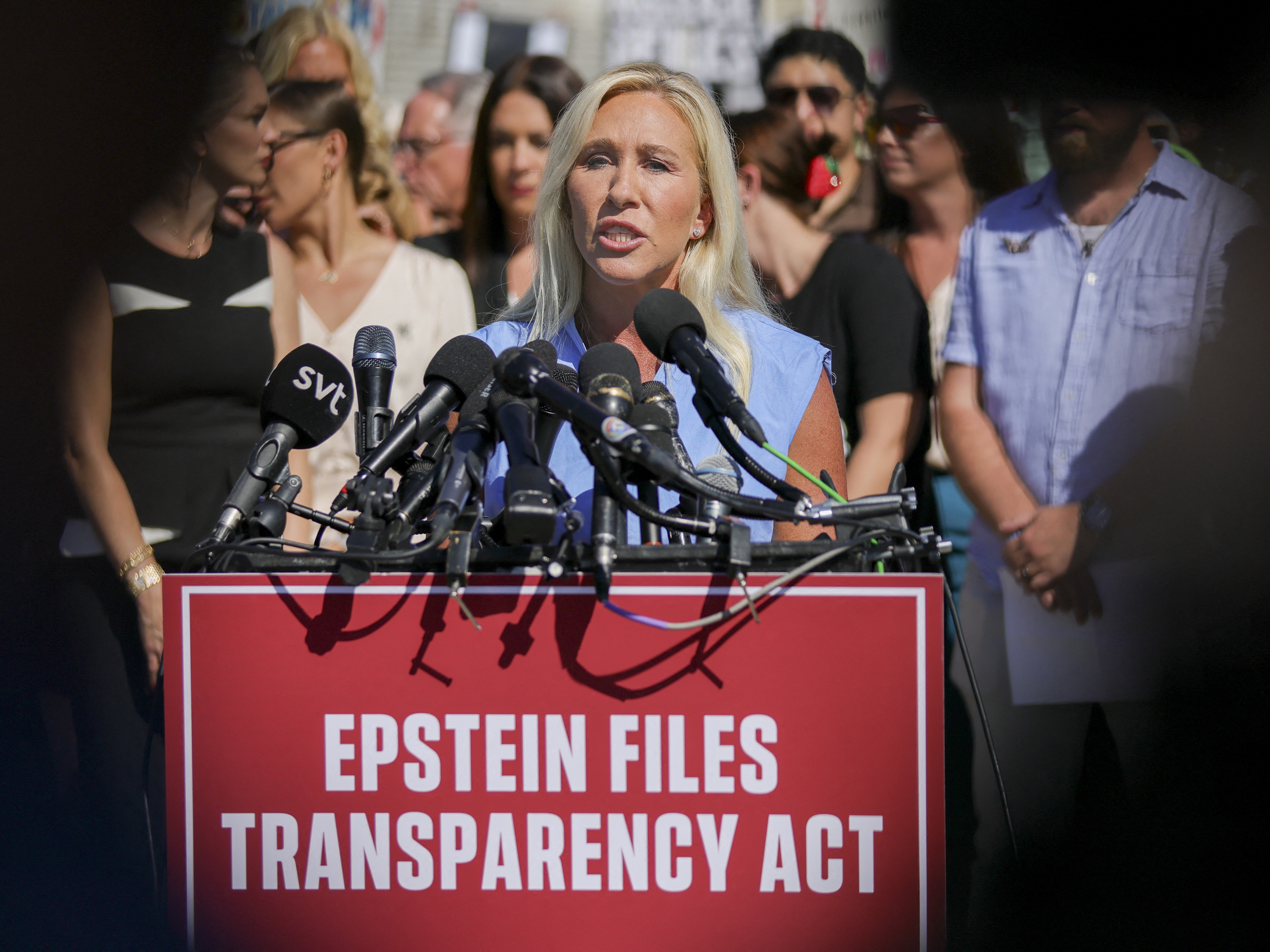 caption: Rep. Marjorie Taylor Greene, R-Ga., speaks at a press conference alongside alleged victims of Jeffrey Epstein at the U.S. Capitol on September 3, 2025.