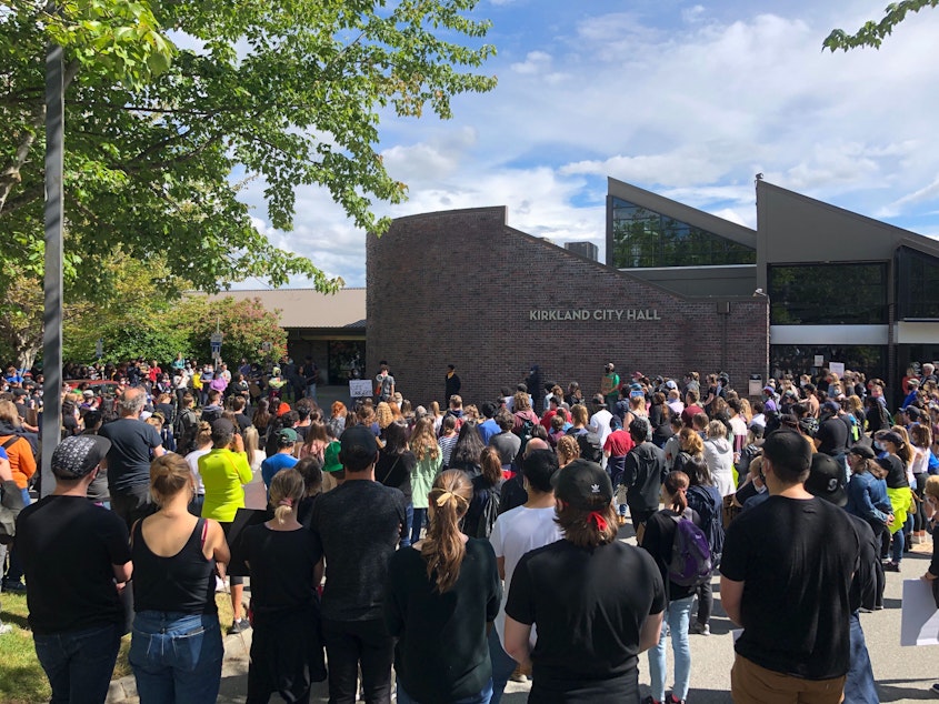 caption: Hundreds of people rallied at Kirkland City Hall on Saturday protesting police brutality and the killing of George Floyd.