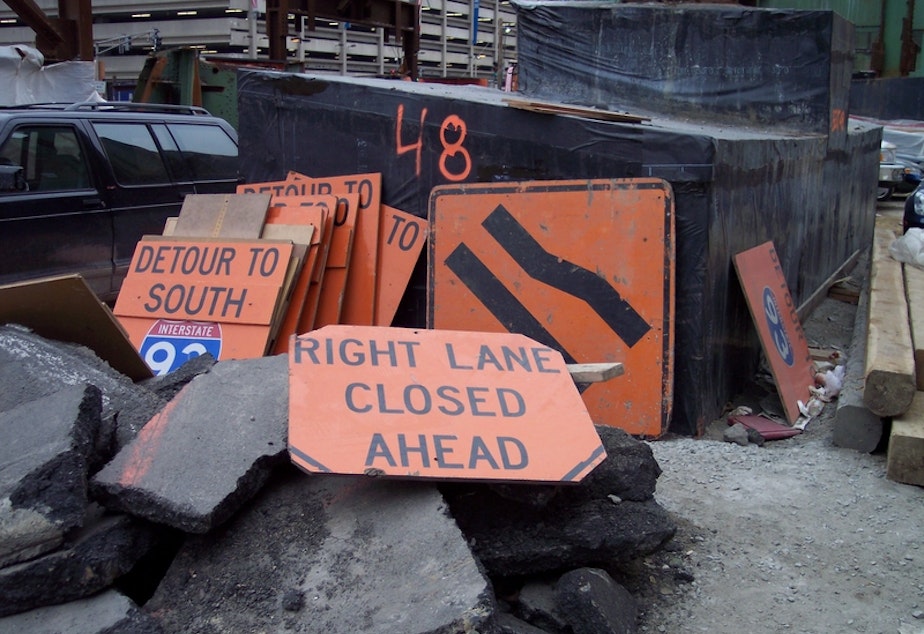 caption: Road signs from Boston's Big Dig.