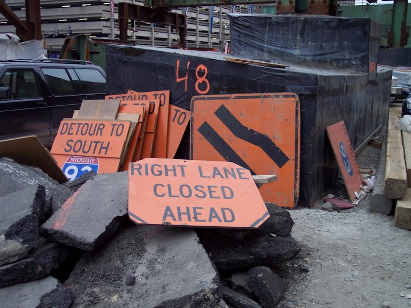caption: Road signs from Boston's Big Dig.