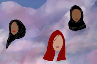 caption: An illustration representing the faces of the podcast hosts floating among the clouds. From left: Najuma Abadir, Jennifer Nguyen, and Adar Abdi. 