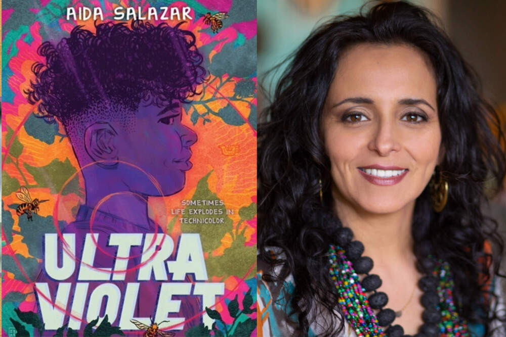 caption: The cover of "Ultraviolet" beside author Aida Salazar. (Courtesy)