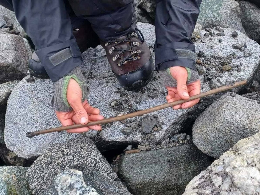 caption: An archeologist holds an arrow originally believed to be from the Iron Age on Mount Lauvhøe in Norway. Upon closer inspection, the team determined the artifact is from the Stone Age and is likely around 4,000 years old.