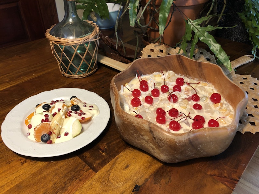 caption: Fresh winter fruit salad, left, by Jan Parker; traditional fruit salad, right, by Lucy Garcia.