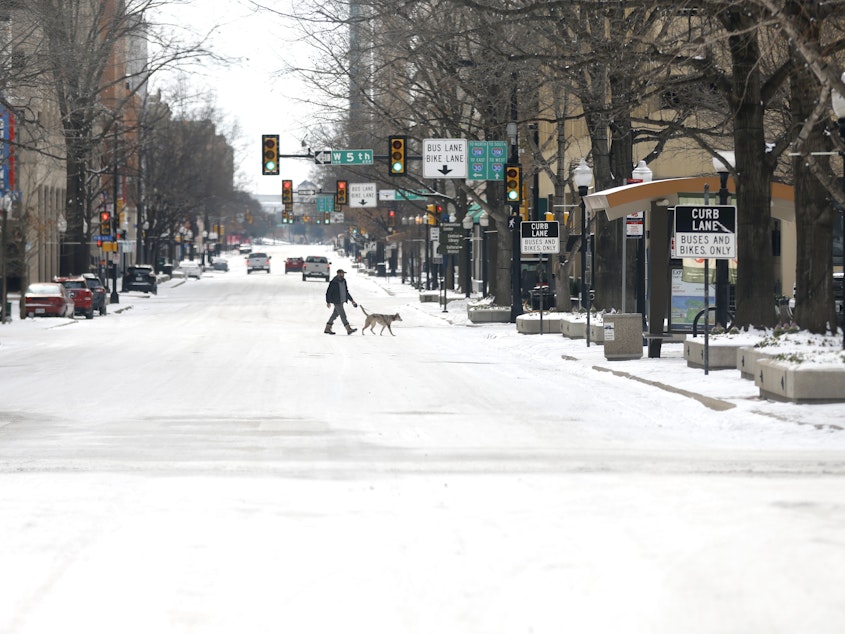 caption: A man walks his dog downtown after a snow storm this week in Fort Worth, Texas. The winter storm has brought historic cold weather and power outages in more than two dozen states with a mix of freezing temperatures and precipitation.