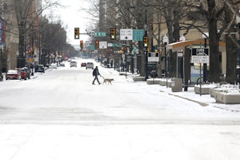 caption: A man walks his dog downtown after a snow storm this week in Fort Worth, Texas. The winter storm has brought historic cold weather and power outages in more than two dozen states with a mix of freezing temperatures and precipitation.