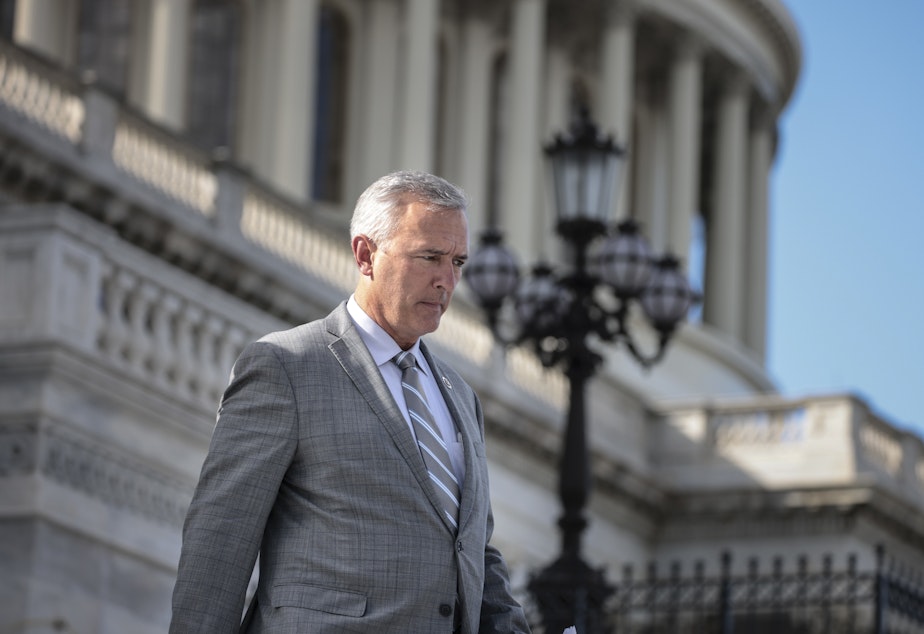 caption: Rep. John Katko, R-N.Y., walks down the steps of the U.S. Capitol on Sept. 23, 2021. Katko has announced his retirement from Congress.