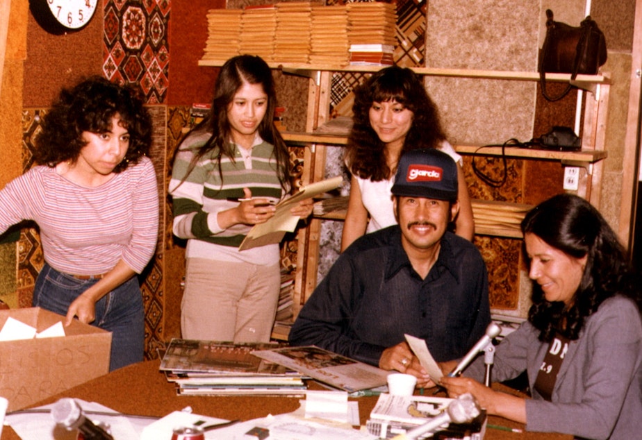 caption: KDNA staff (left to right): Bernice Zuniga, Celia Prieto, and Rosa Ramón with volunteers Ricardo García and Ninfa Gutiérrez. 