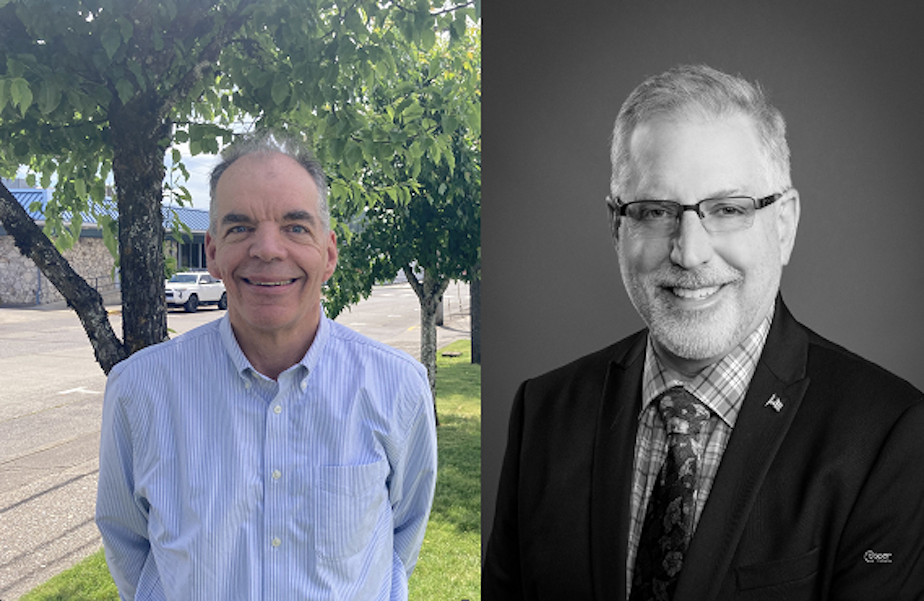 caption: Mason County Auditor Paddy McGuire, left, faces Republican challenger Steven Duenkel this year. Duenkel is running on an 'election integrity' platform.
