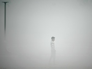 caption: A pedestrian walks along the roadside amid heavy smoggy conditions in New Delhi. Delhi is considered the world's most polluted megacity, with a melange of factory and vehicle emissions exacerbated by seasonal agricultural fires.
