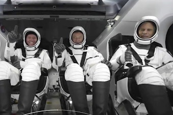 caption: The SpaceX crew is seated in the Dragon spacecraft on Friday, in Cape Canaveral, Fla., before their launch to the International Space Station.