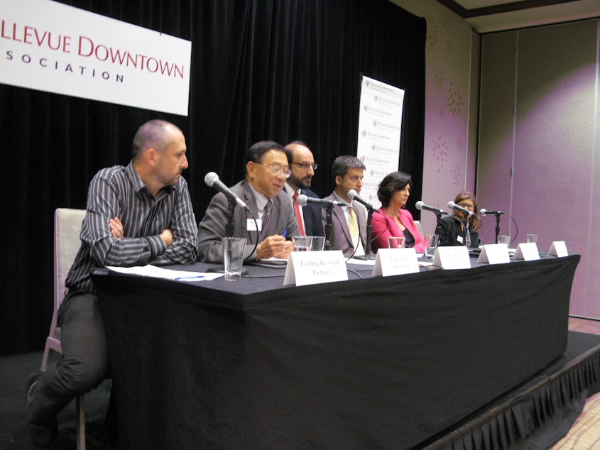 caption: The Bellevue Downtown Association hosted a forum for three City Council seats on the November ballot.