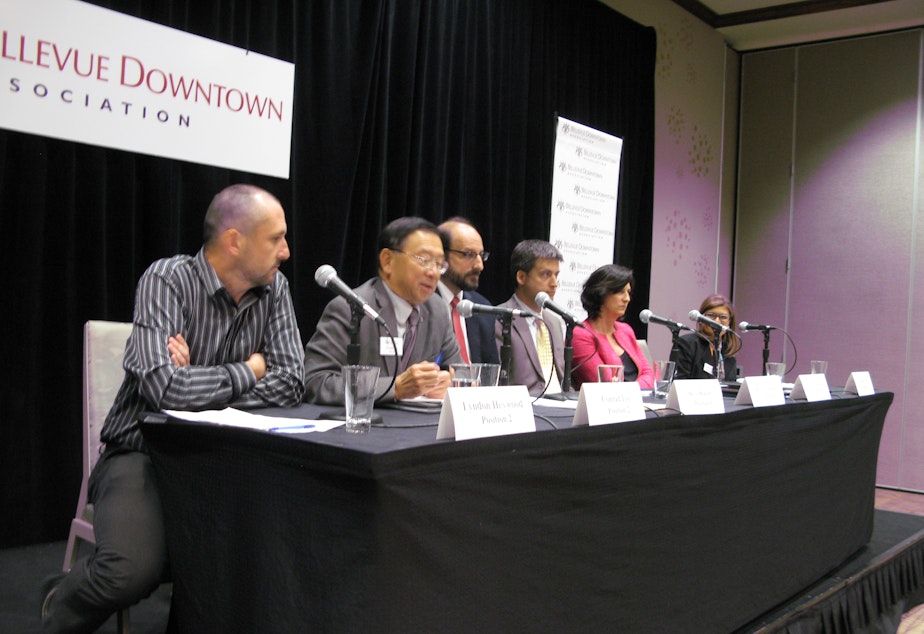 caption: The Bellevue Downtown Association hosted a forum for three City Council seats on the November ballot. 