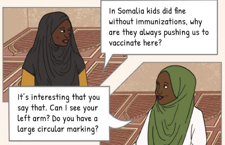 caption: One of the opening panels in a graphic-novel style pamphlet created by the Somali Health Board to encourage vaccinations.