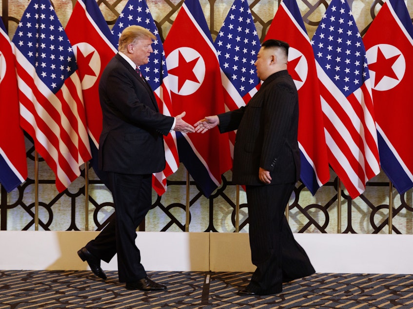 caption: President Trump meets North Korean leader Kim Jong Un on Wednesday as their second summit begins in Hanoi.