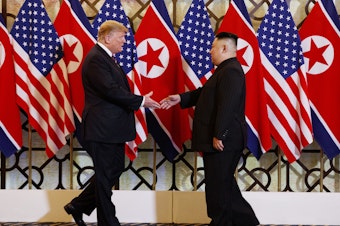 caption: President Trump meets North Korean leader Kim Jong Un on Wednesday as their second summit begins in Hanoi.