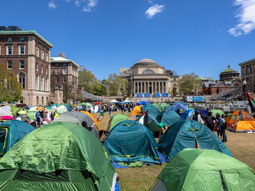 caption: Protesters seen in tents on Columbia University's campus on April 24. The school later suspended protesters who didn't leave, and called New York City police to arrest those who occupied a building on campus.