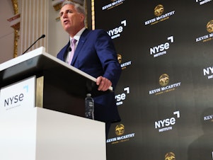 caption: Speaker of the House Kevin McCarthy gave a speech about the economy at the New York Stock Exchange on April 17.