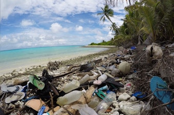 caption: Debris blankets the north side of one of the Cocos Keeling Islands in the Indian Ocean. Researchers found a huge amount of plastic both on shore and buried in the sand.