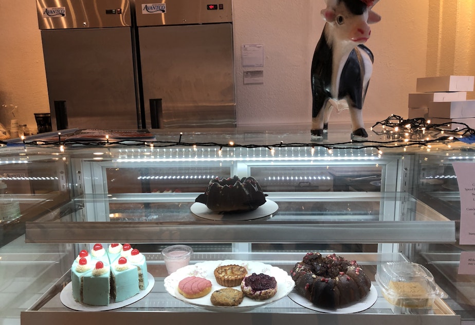 caption: A sample of the day's baked goods at Lazy Cow Bakery, which not only serves up vegan treats, it also uses its proceeds to fund a local mutual aid project. 