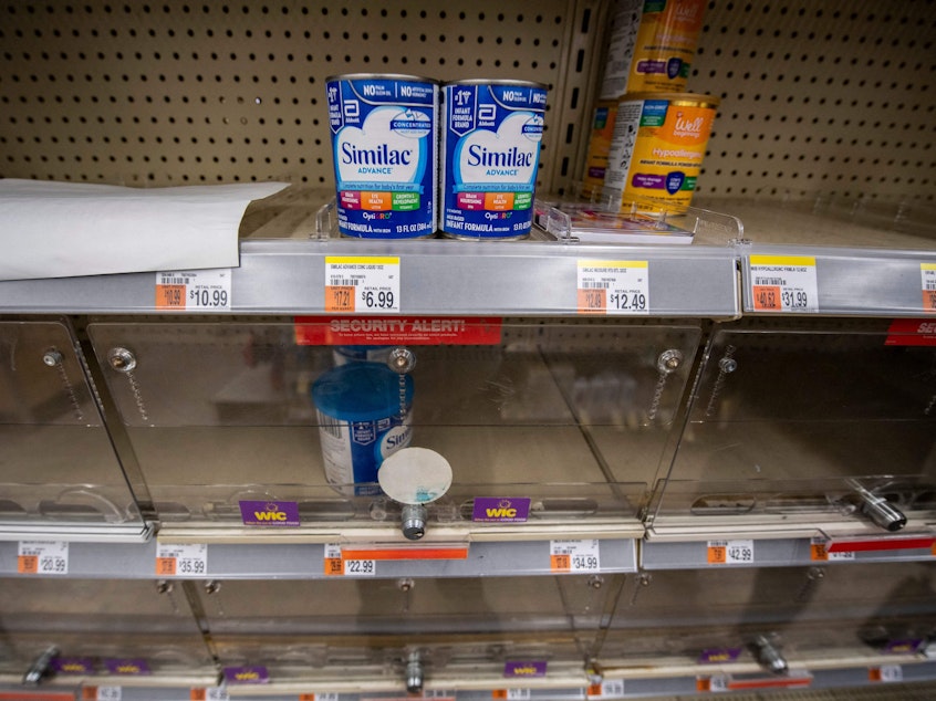 caption: Empty baby formula shelves at a grocery store in Massachusetts on Friday.