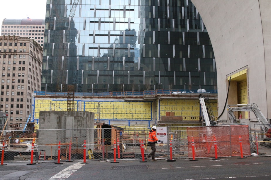 caption: Across the street from the Rainier Square construction site, normally one of the busiest places in the city.