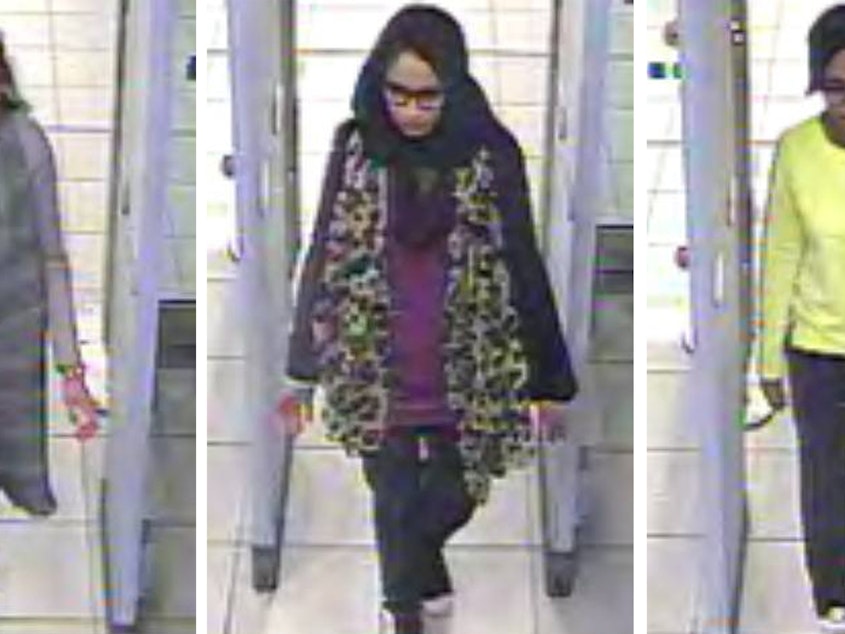 caption: CCTV images issued by the Metropolitan Police in London in 2015, show Shamima Begum (center) and her friends walking through security at Gatwick Airport, on their way to Syria.