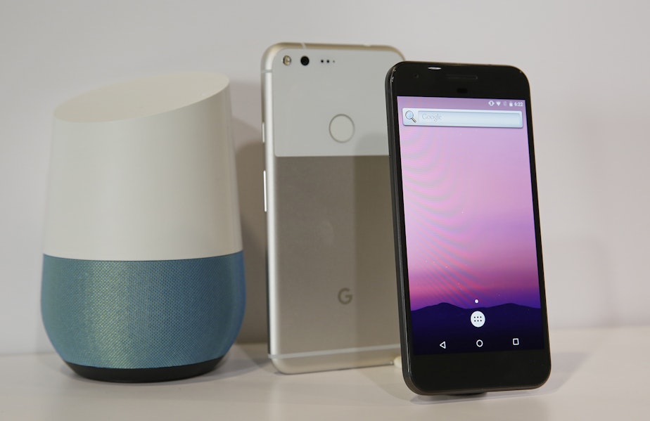 caption: FILE - In this Oct. 4, 2016 file photo, the new Google Pixel phone is displayed next to a Google Home smart speaker, left, following a product event in San Francisco.