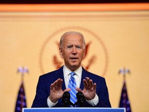 caption: President-elect Joe Biden delivers a Thanksgiving address Wednesday in Wilmington, Del.