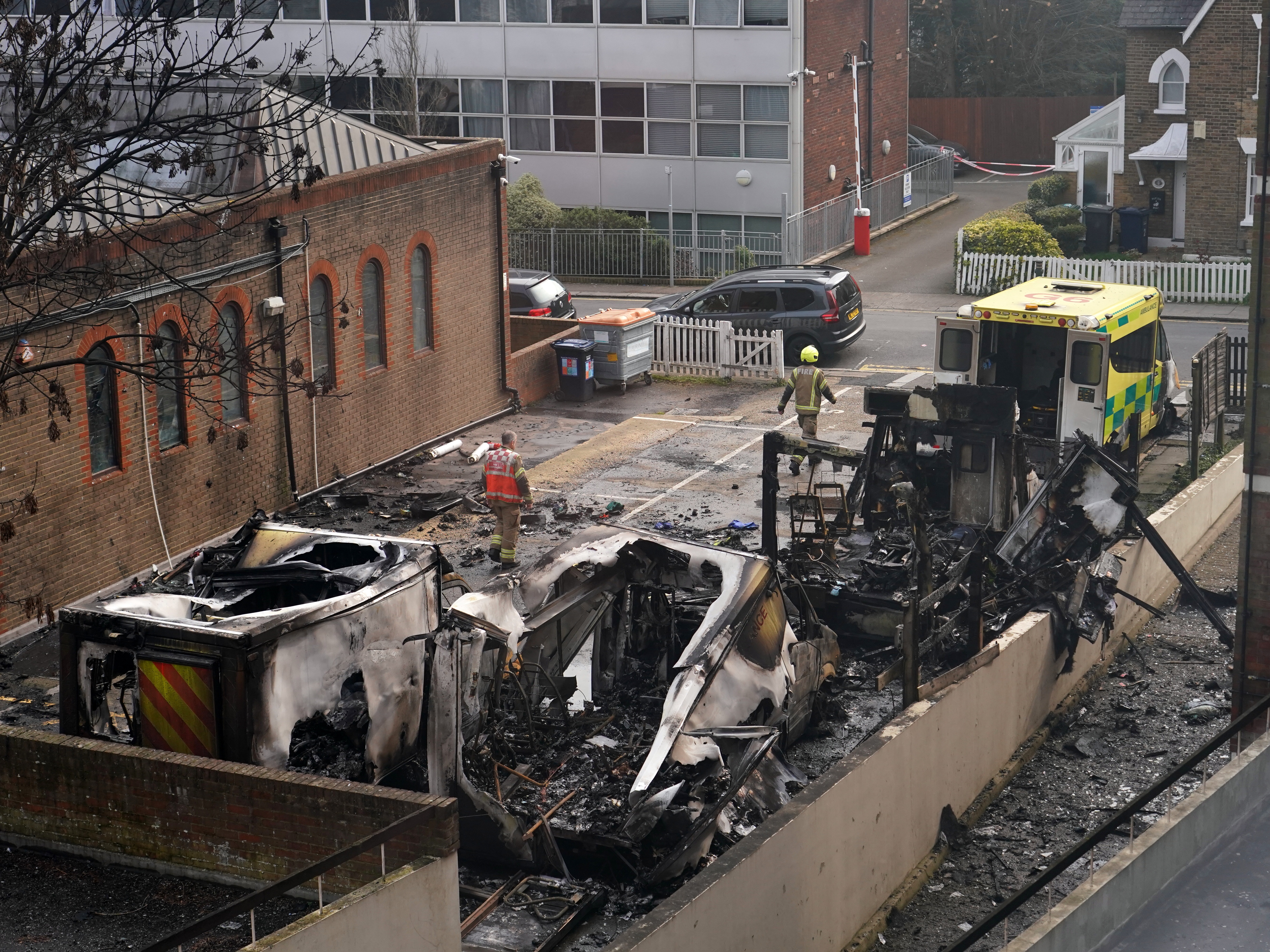 caption: View at burnt Ambulances in a car park at Golders Green in London, Monday, March 23, 2026 after an apparent arson attack on four vehicles belonging to a Jewish ambulance service, Hatzola Northwest, in London.
